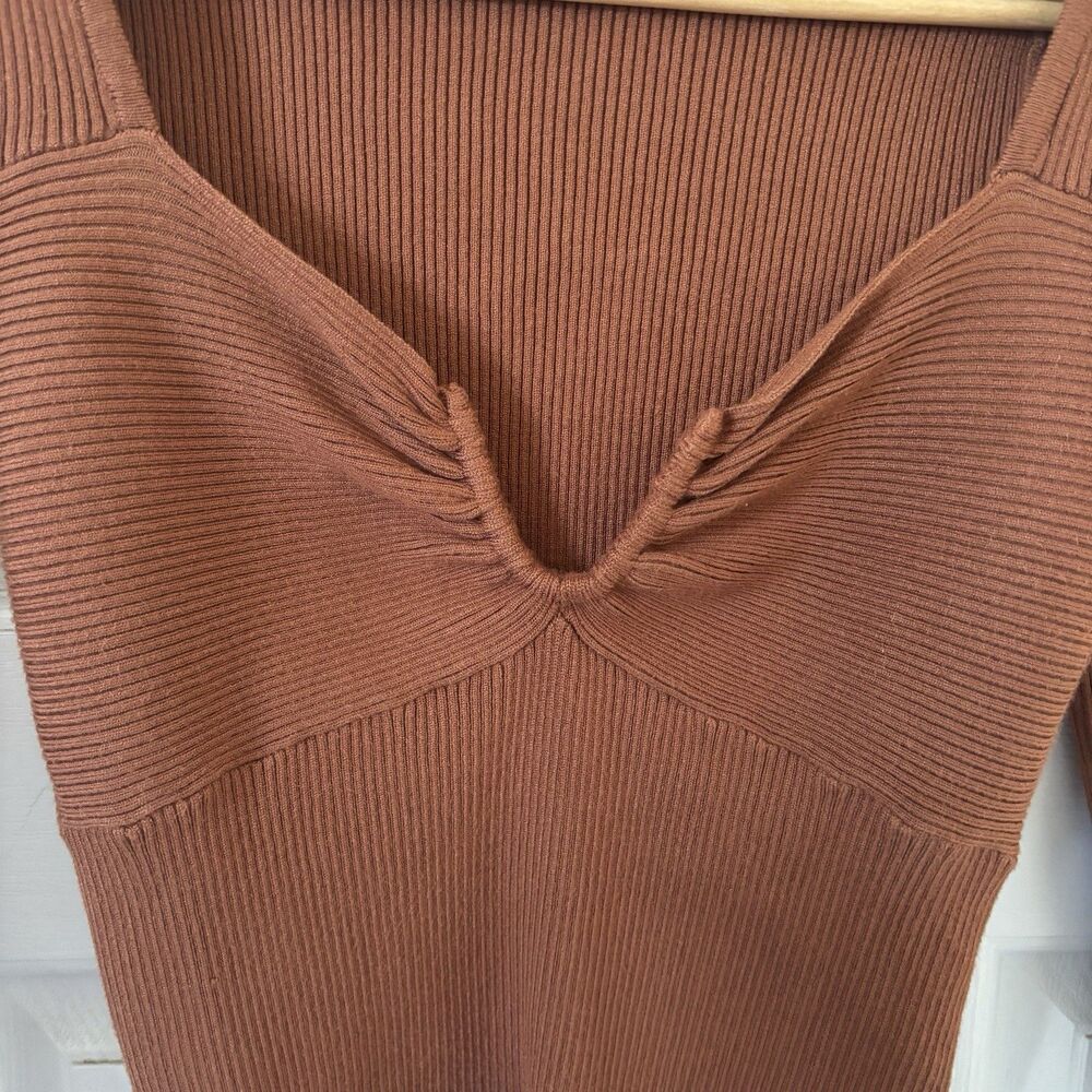 Womens Babydoll Blouse Size Med Brown Ribbed Y2K Bodycon Boho College City Party - Picture 5 of 10